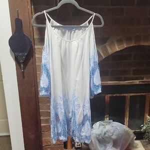 Chic White and Blue Embroidered Swim Coverup